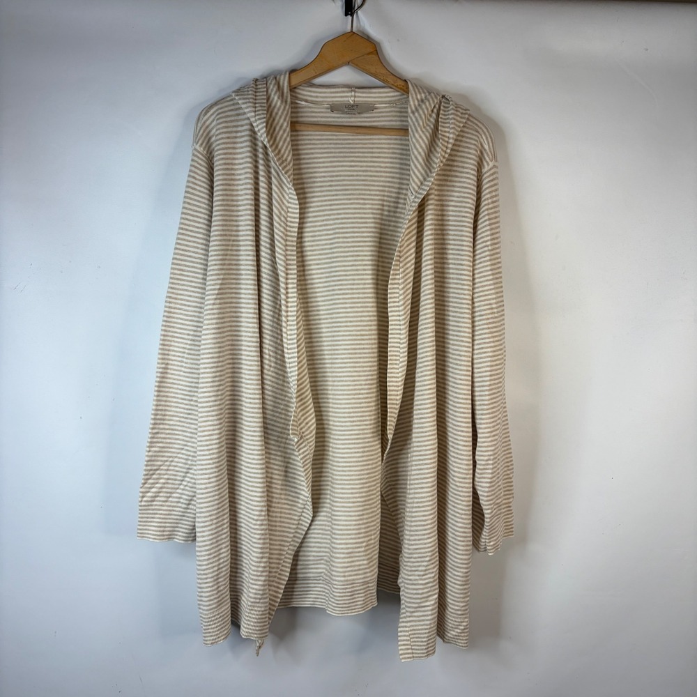 LOFT Plus Cardigan Womens 24/26 Beige Striped Hooded Open Front Knit Sweater